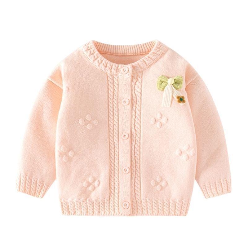 ベビー 女の子 ニット カーディガン 長袖 コットン 春秋 リボン 装飾 クルーネック ボタン 純色 花 モ..