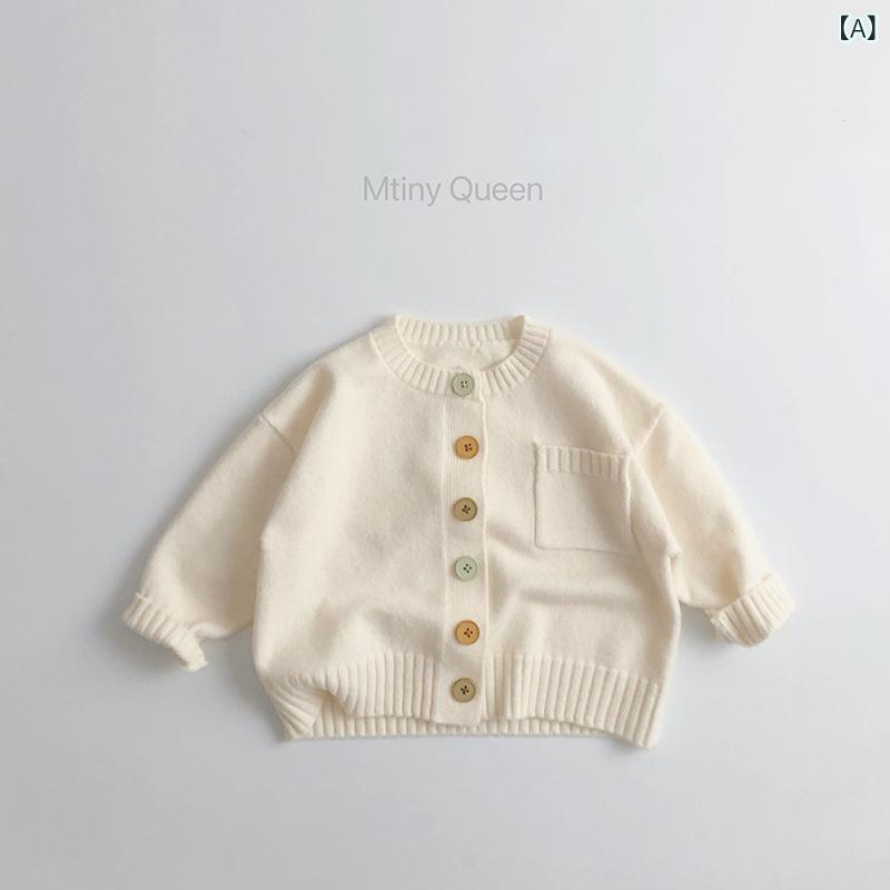 ニット カーディガン 男の子 女の子 春秋 長袖 丸首 コントラスト ボタン 韓国 無地 アイボリー 普通厚..
