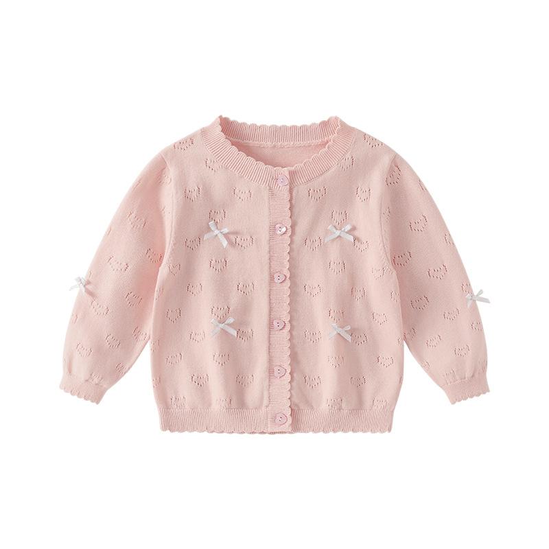 カーディガン 女の子 ニット セーター コットン 長袖 丸首 ボタン開き 夏 無地 かわいい スイート フラ..