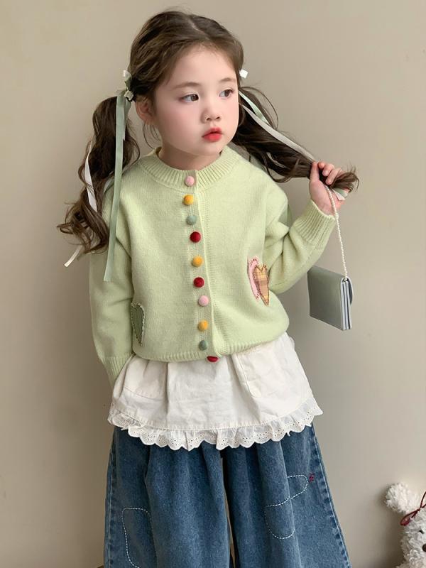 ニットカーディガン 女の子 ゆったり 長袖 厚手 セーター 春 緑 白 ピンク かわいい カートゥーン調柄 ..