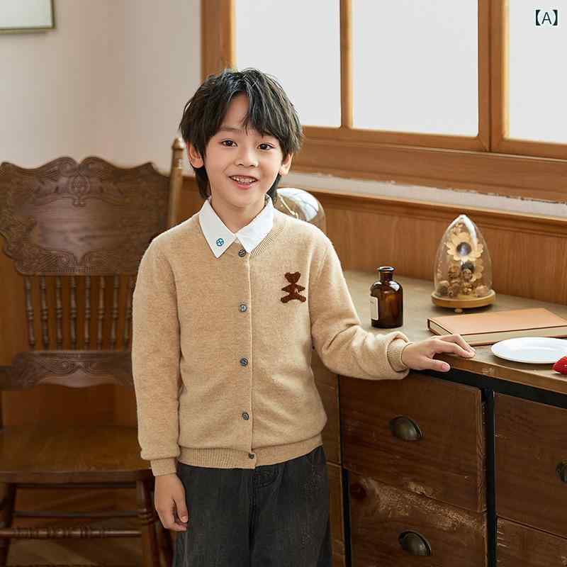 キッズ 男の子 女の子 ラウンドネック ウール カーディガン ニット セーター 長袖 シングルボタン 秋冬..