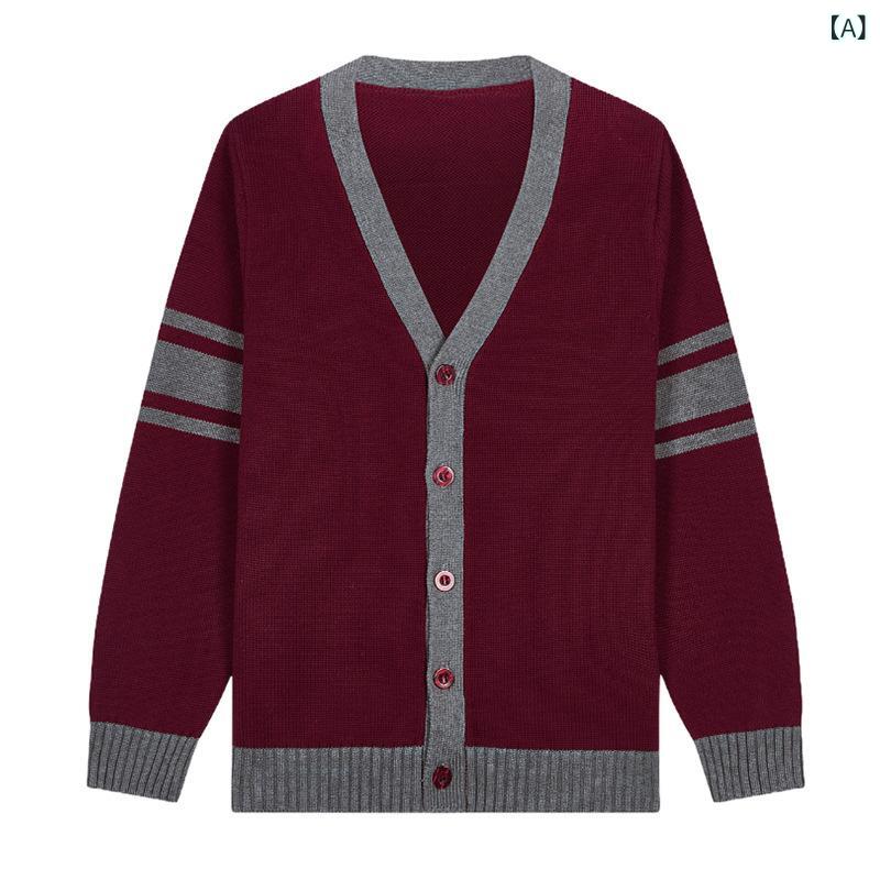 キッズ ニット カーディガン 男の子 女の子 ワインレッド コットン Vネック 長袖 ストライプ ツートン ..