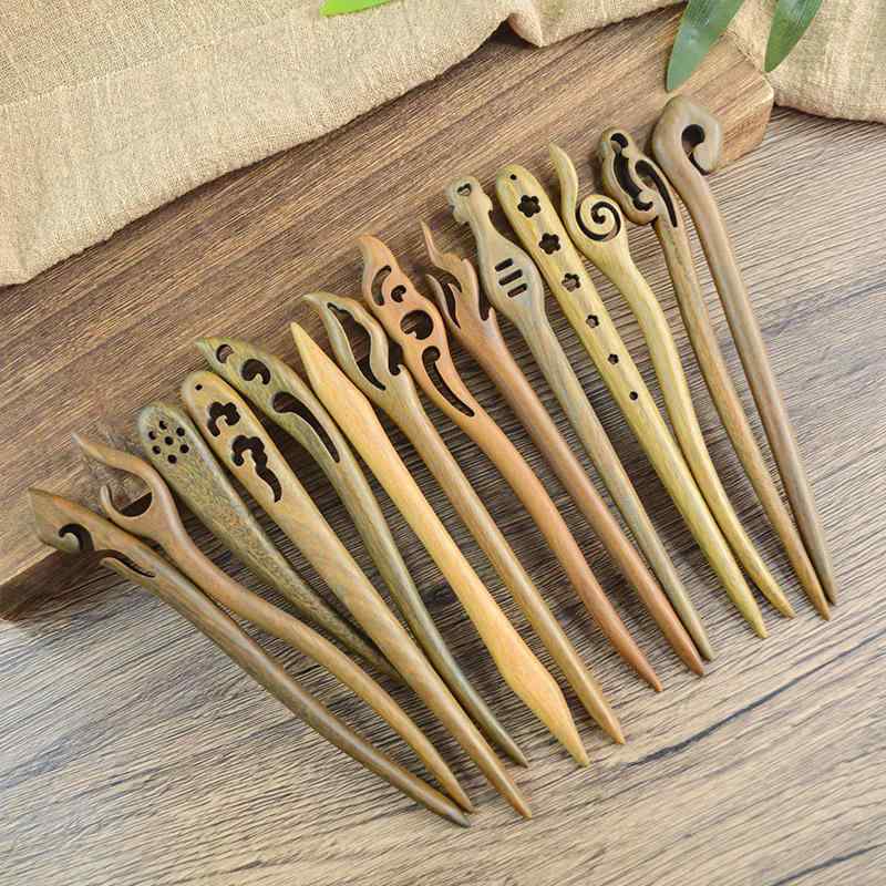 レディース かんざし 木 緑檀木 黒檀木 中国風 古風 高級感 木製 髪飾り 幾何型 緑 黒 夏