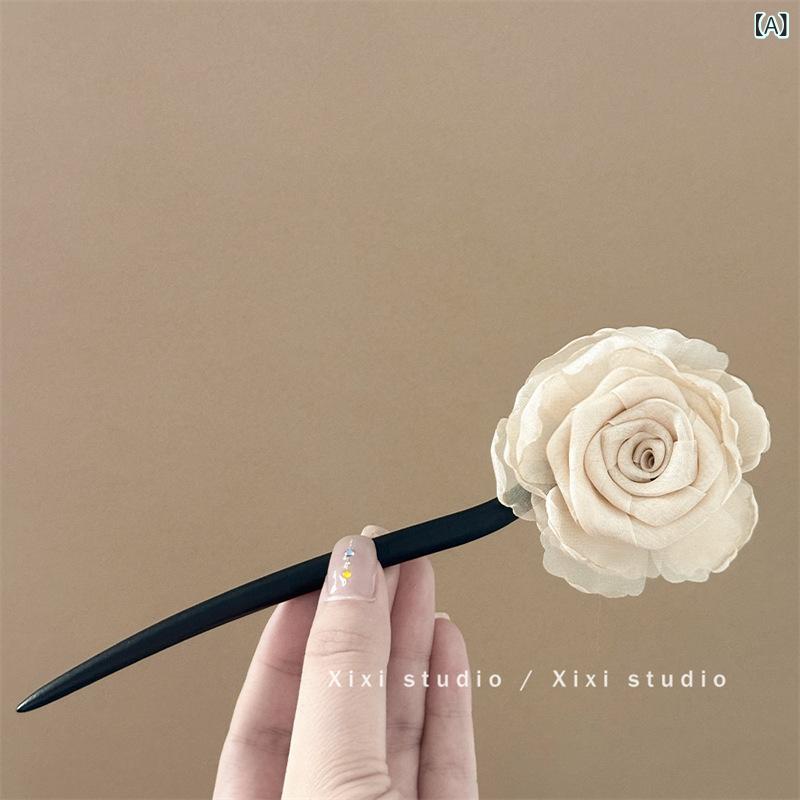 簪 ヴィンテージ風 中国風 バラ 緑 花 木製 アップヘア モダン エレガント ヘアアクセサリー 夏 ヘッドフラワー