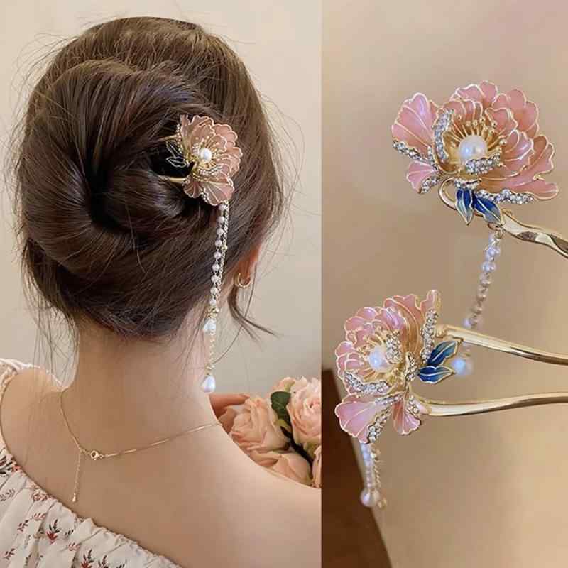 髪飾り 牡丹 タッセル 付き 簪 高級感 古風 漢服 ヘアアクセサリー 優雅 揺れ飾りれ 金属製 春 花モチーフ U字型 直線型