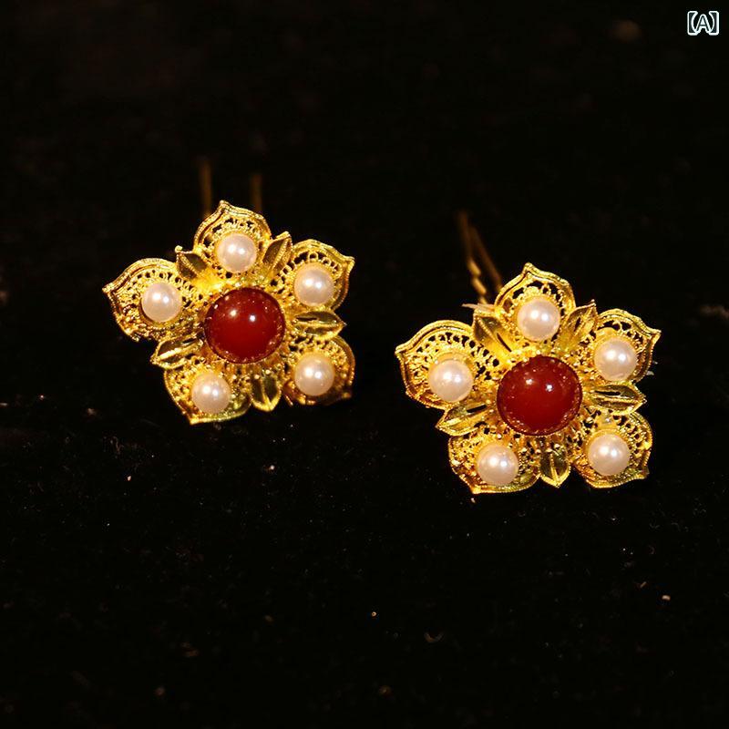 髪飾り 女性用 漢服風 セット 発冠 簪 鳳簪 金属製 電気メッキ加工 花モチーフ 春 民族風 ヘアアクセサ..