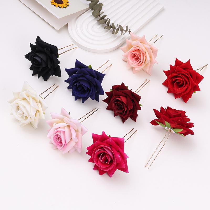 ヘアアクセサリー レディース 結婚式 ブライダル 花飾り 簪 バラ花 布製 レトロレトロ スタイル 赤 ピ..
