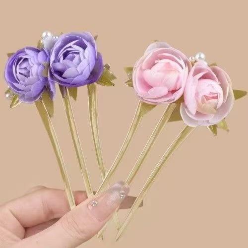 レディース 簪 牡丹花 ビーズ装飾 滴油光沢 三本爪 U字型 ヘアアクセサリー 中国風 古風 後頭部固定 ア..