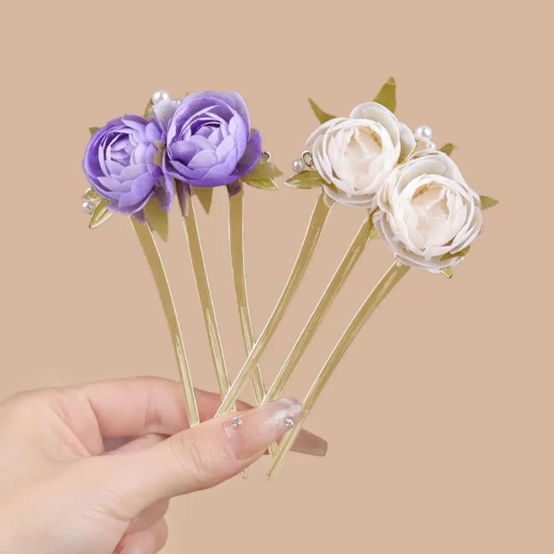 髪簪 牡丹 花 三本歯 ビーズ 古風 U字型 メッキ加工 ヘアアクセサリー 紫 粉 米 かわいい 後頭部 飾り