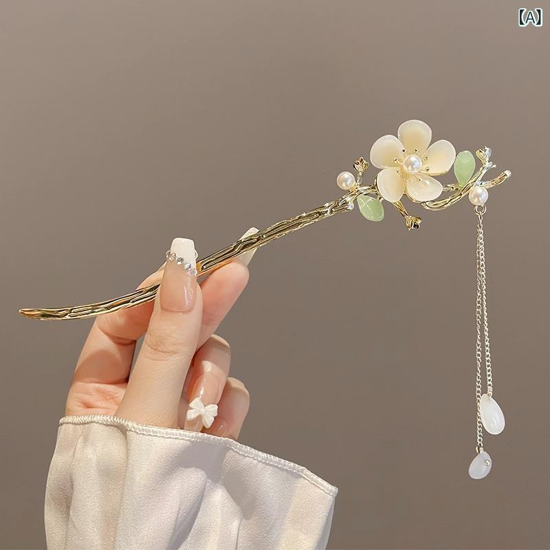 レディース 簪 玉蘭花 高級感 タッセル アップスタイル 金属 髪飾り 韓国 花モチーフ ピンク ブルー グリーン 春夏 かわいい アクセサリー