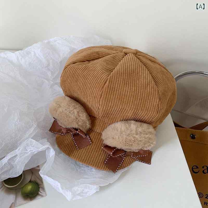 ベレー帽 レディース テディベア耳 ふわふわ 暖かい かわいい コーデュロイ 秋冬 大きめサイズ 小顔効..