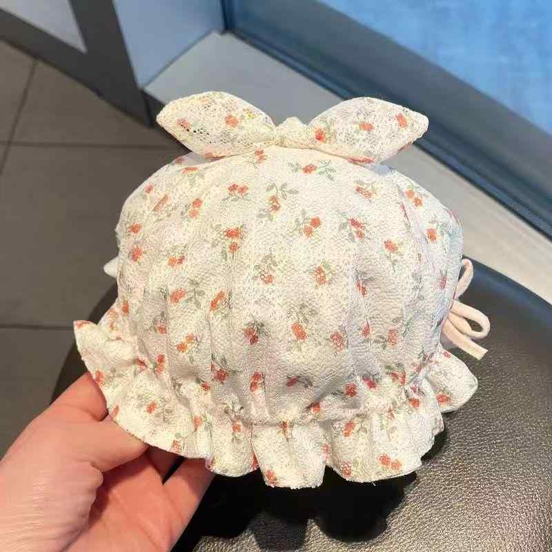 ベビー帽子 女の子 新生児 かわいい プリンセス 小花柄 刺繍 調整式 つばなし 丸型 遮陽 日焼け防止 通..