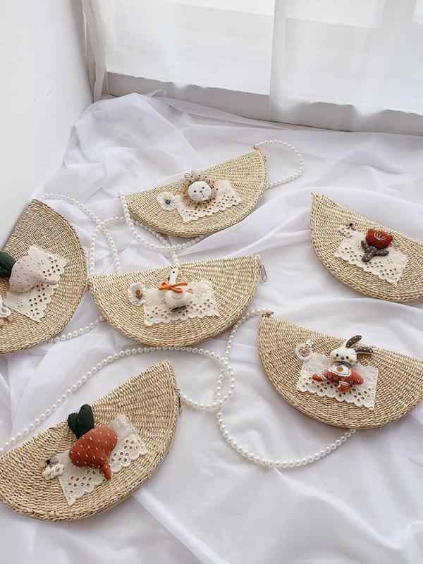 麦わら バッグ 女の子 レトロ 草編み ビーチバッグ 動物柄 かわいい 普段使い 斜めがけ 小型 秋 米色 赤