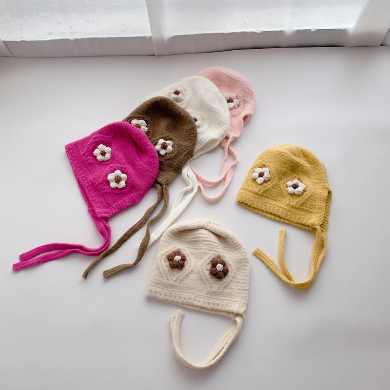 ベビー ニット帽 男の子 女の子 秋冬 かわいい 耳あて 花柄 厚手 紐付き 保暖 通気性 防風 ポリエステ..