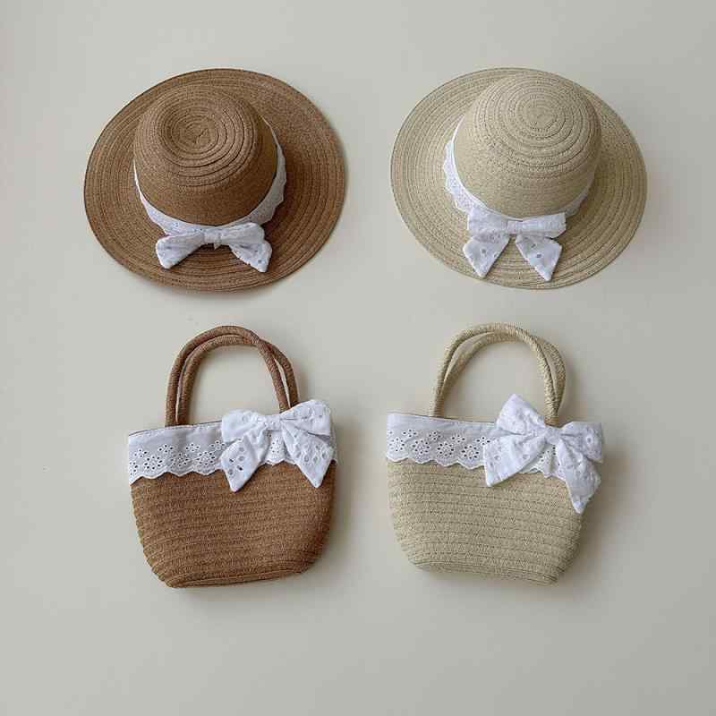 女の子 麦わら帽子 バッグ セット 夏 日焼け防止 通気性 かわいい 米 カーキ 広いつば 丸型 紙ストロー..