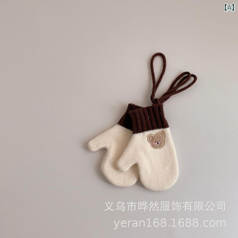 キッズ グローブ 男の子 女の子 幼児 ベビー 冬 ニット ストライプ カートゥーン 刺繍 フルフィンガー ..