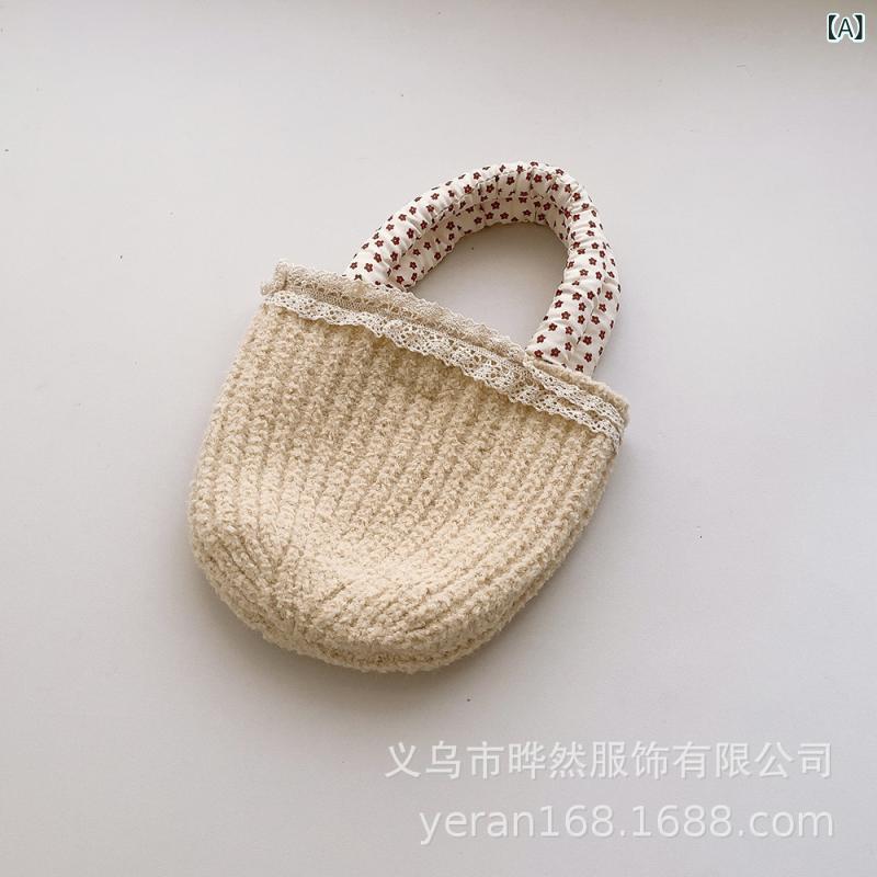 手提げバッグ 女の子 子供 レース 花縁 小銭入れ フランス風 ピンカラー ニット ポリエステル 通気性 ..