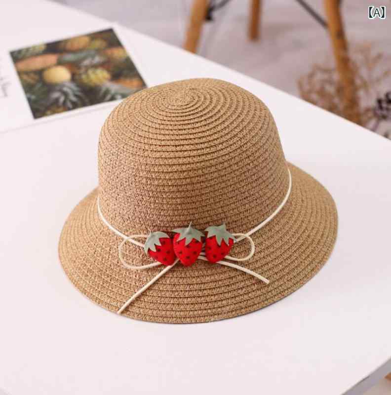 麦わら帽子 女の子 夏 ビーチ 日よけ いちご柄 通気性 フィッシャーマンハット 広いつば 丸み 風よけ 屋外 散策 かわいい セット