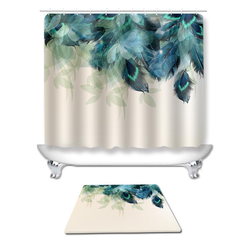 浴室カーテン 防水 フェザー柄 トイレマット セット ポリエステル 合成繊維 アメリカンスタイル バスル..