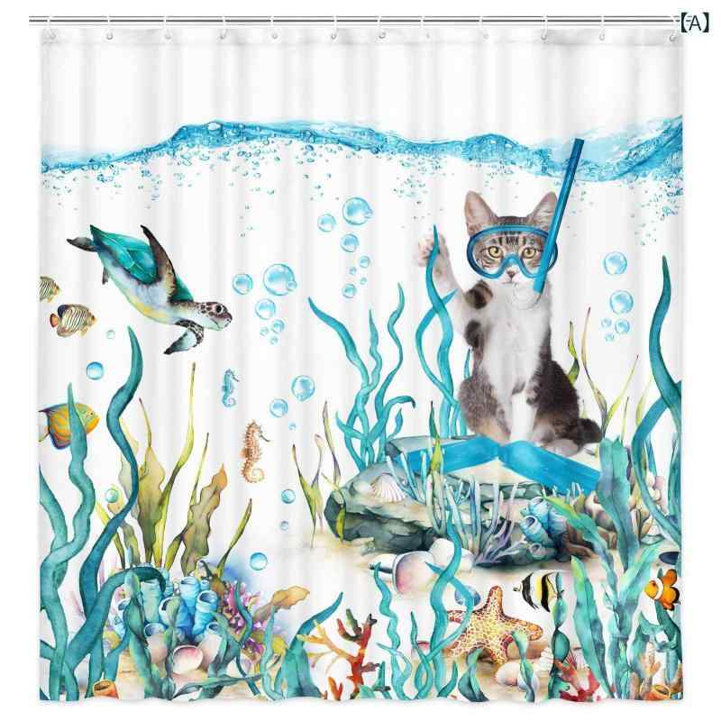 シャワーカーテン 猫柄 プリント ポリエステル 浴室用 防水 仕切り ユーモラス アメリカンスタイル デ..