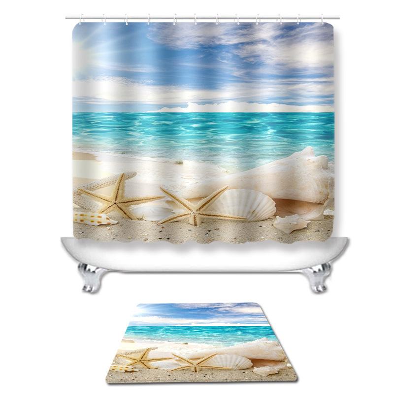 防水浴室カーテン トイレマット ラグ セット かわいい ヒトデ柄 ビーチ リゾート モチーフ ポリエステル 軽量 スタイリッシュ 高級感 モダン バスルーム トイレ インテリア デコレーション