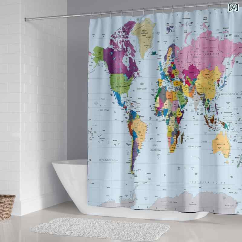 シャワーカーテン 浴室セット 4点 防水 ポリエステル 3D デジタルプリント 地図柄 緑 ライトブルー ア..