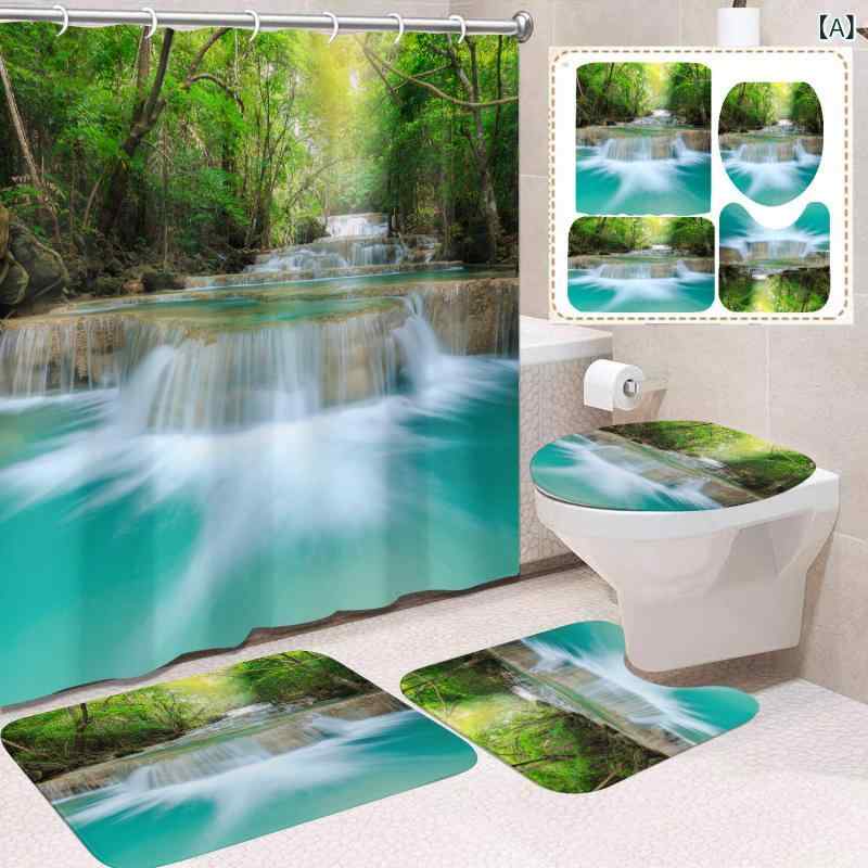浴室 セット 浴カーテン 3D プリント 緑の植物 花 滝 モダン シンプル ポリエステル 取り付け簡単 防水加工