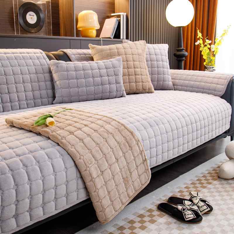 Sofa Covers - ソファカバー フランネル 格子柄 冬 高級感 ふわふわ クッション型 シンプル 汎用 革ソファ 白 グレー 茶 リビング 防塵 おしゃれ 暖かい インテリア 座面保護