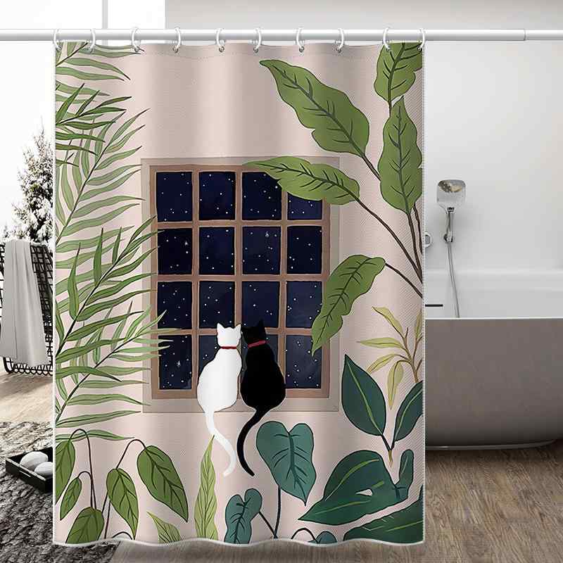 浴室 カーテン かわいい カートゥーン 猫 柄 手描き 防水 防カビ ポリエステル 素材 シャワー 寮用 ハ..