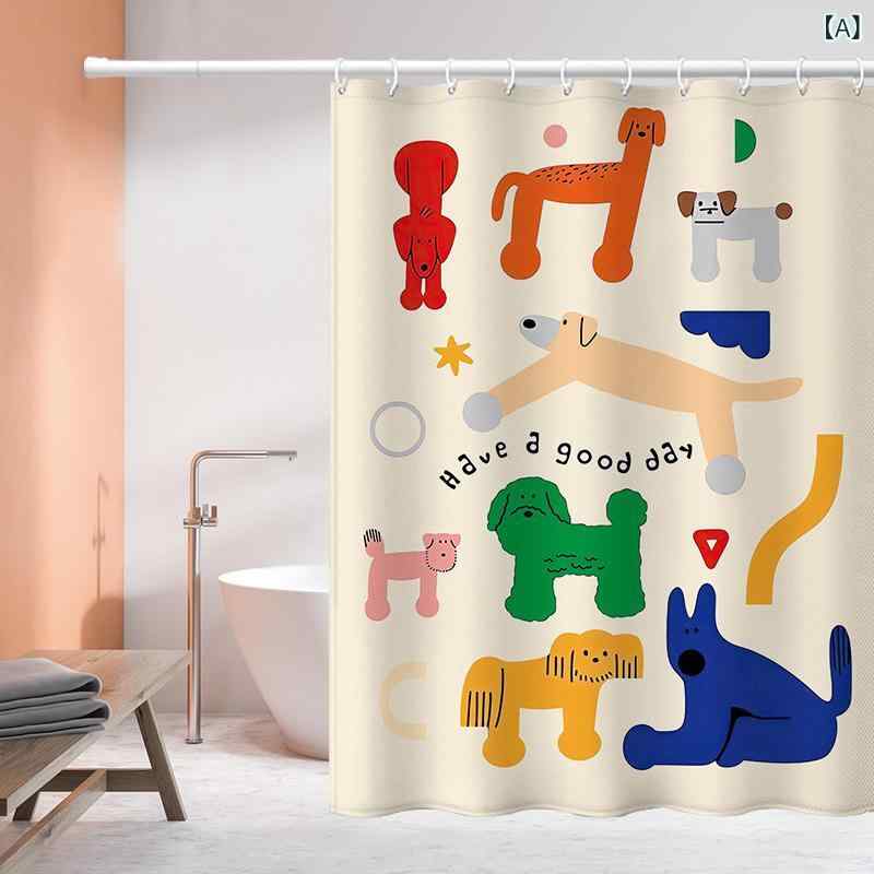 シャワーカーテン 浴室 防水 干湿分離 厚手 ポリエステル シンプル 線描き犬柄 猫柄 キャンプ柄 カート..