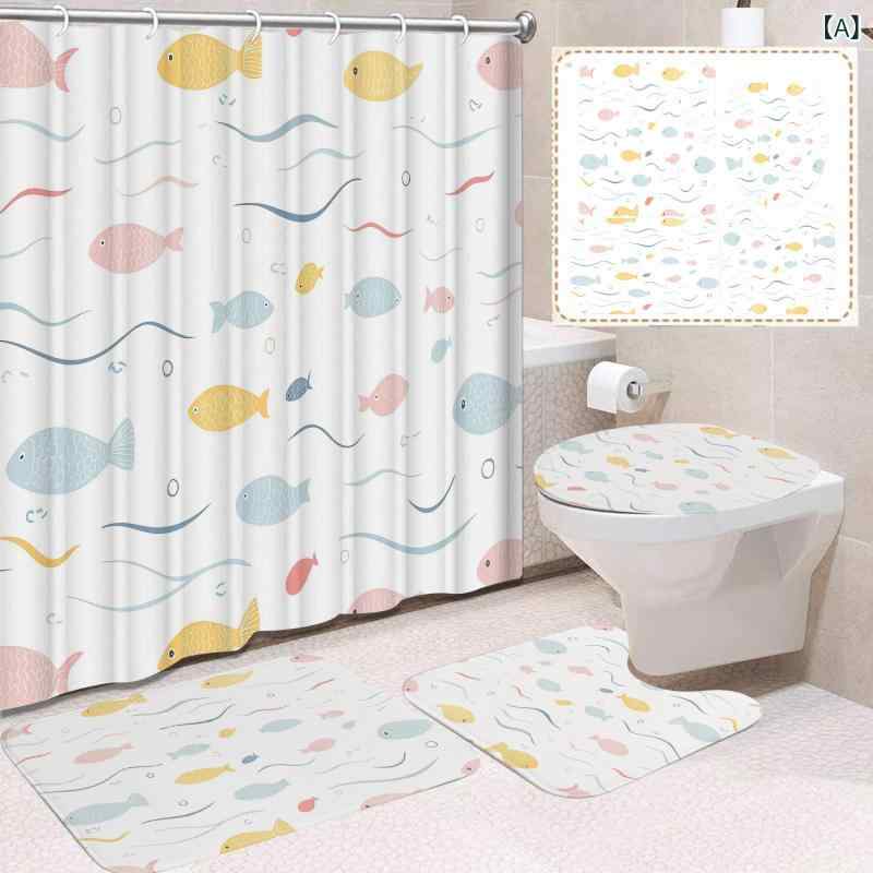 男の子 女の子 キッズ お風呂 浴室 防水 シャワーカーテン 浴マット トイレマット セット ポリエステル..