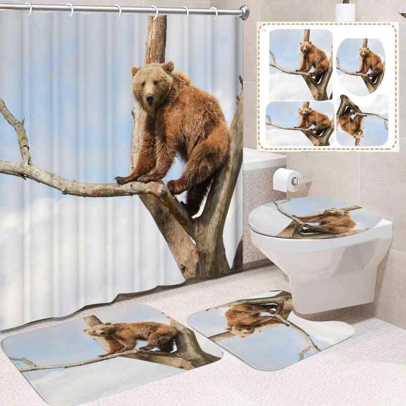 浴室セット 防水浴カーテン 防滑トイレットマット U字型浴マット 便座カバー 黒 迷彩柄 ヘラジカ柄 ト..