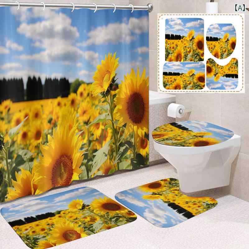 ひまわり柄 防水 浴室 セット 浴カーテン トイレマット 浴室マット ポリエステル モダン シンプル かわいい