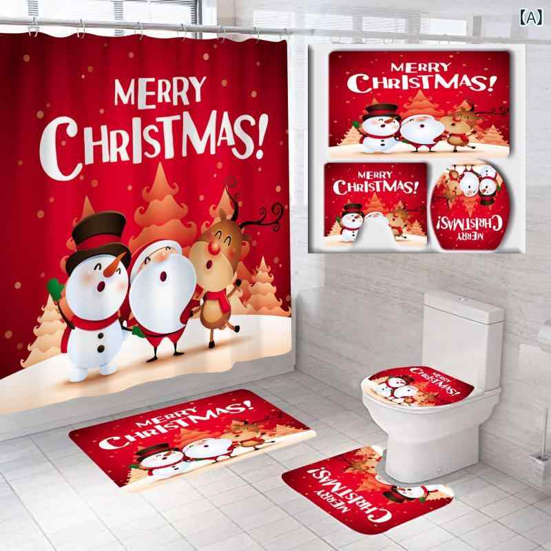 シャワーカーテン セット クリスマス プリント 防水 防カビ ポリエステル 浴室 吸水 マット 防潮 カー..