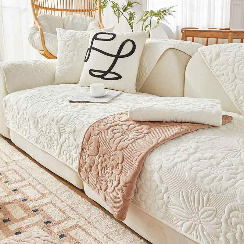ソファパッド ソファカバー 冬 厚手 ベルベット 暖か 滑り止め 防塵 モダン シンプル ミニマリスト 無地 アイボリー グレー ピンク コーナーソファ リビング 柔らか