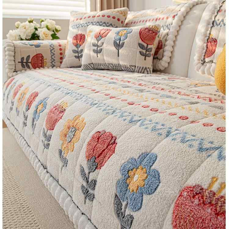 ソファクッション 秋冬 シンプル モダン ワンピース式 厚手 フランネル ポリエステル 植物 花柄 プリント ベージュ ピンク ブルー 座面 背もたれ アームレスト 組み合わせソファ リビング インテリア