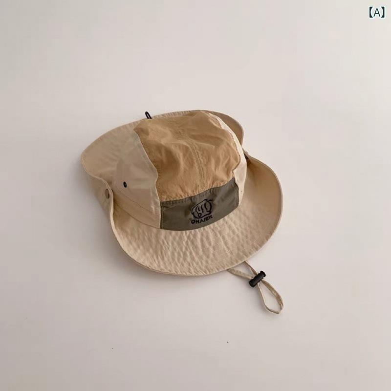 キッズ 漁夫帽 男の子 女の子 かわいい カートゥーン 刺繍 色違い 春夏 日よけ UVカット 速乾 ポリエステル 大つば ベージュ カーキ 黒