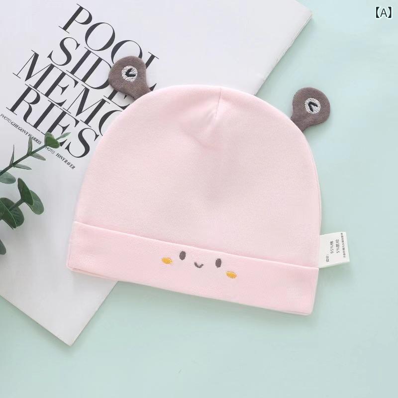 ベビーキャップ 男の子 女の子 かわいい 笑顔柄 綿 保温 薄手 刺繍 ラウンドトップ 春秋 ピンク イエロー ブルー 新生児 0-6ヶ月