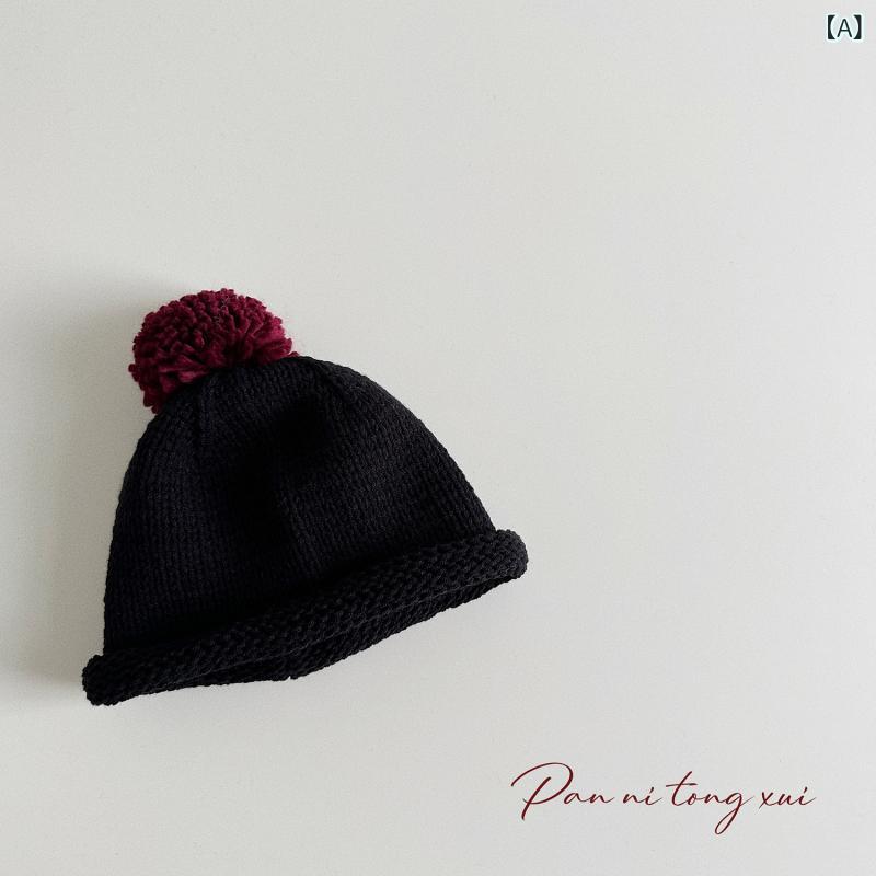 ニット帽 女の子 秋冬 ポンポン付き 巻き縁 ビーニー 保温 防風 アクリル素材 カジュアル シンプル 暖..