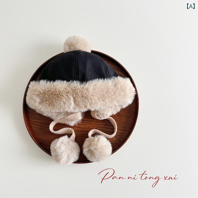 ベビー 帽子 男の子 女の子 冬 暖か 防風 耳カバー プルオーバー ビーニー かわいい ポンポン リボン ..