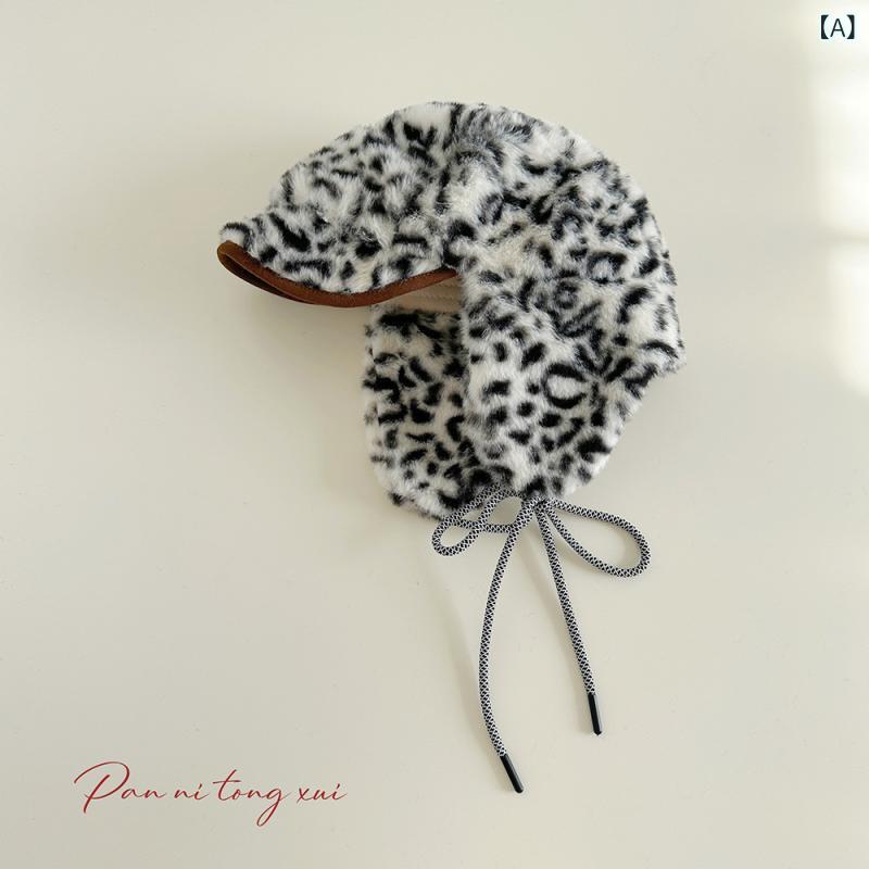 耳付き帽子 ベビー キッズ 男の子 女の子 ヒョウ柄 冬 保暖 防風 首保護 フリース ポリエステル ベージ..