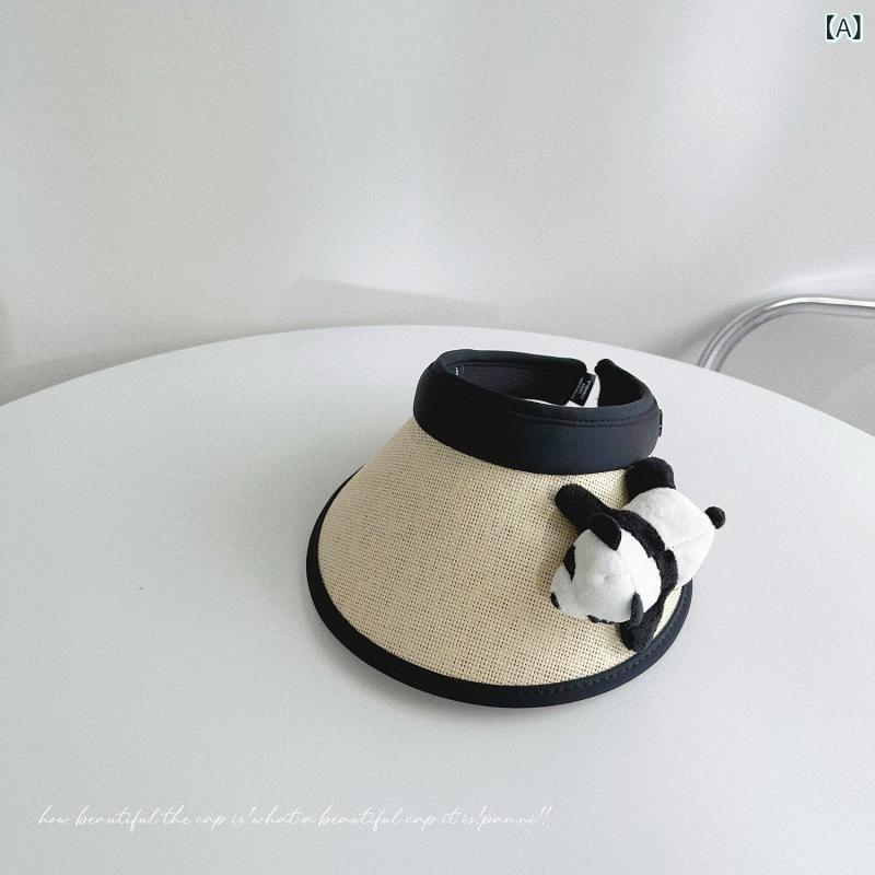 帽子 子供 男の子 女の子 パンダ柄 空頂 夏 UVカット 親子 大つば 遮陽 通気性 ポリエステル 黒 米 カ..