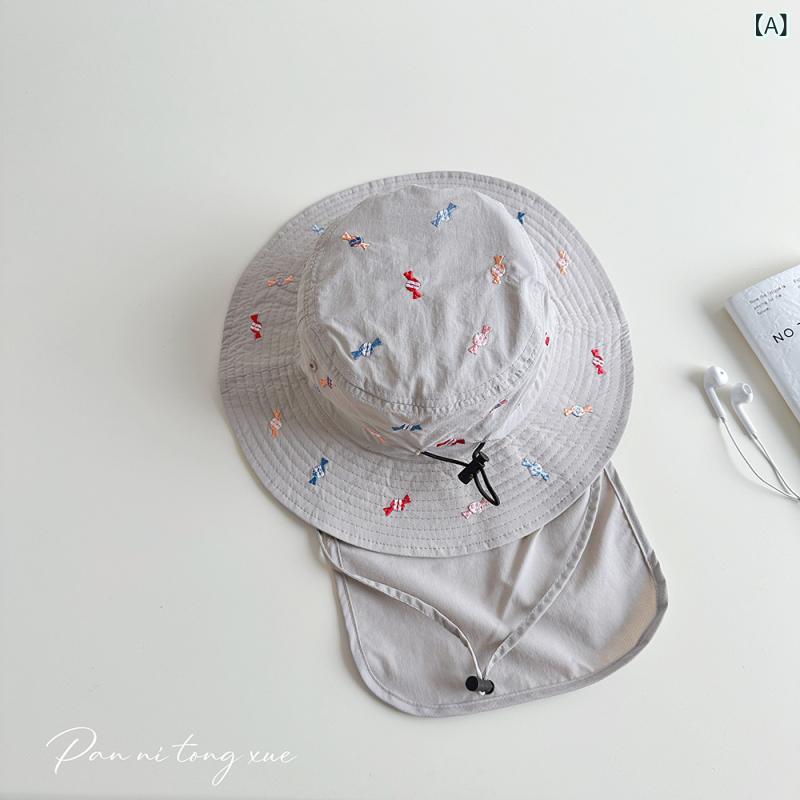 フィッシャーマンズハット 男の子 女の子 速乾 UVカット 透気 かわいい グラフィティ刺繍 アウトドア オールシーズン ポリエステル グレー カーキ ピンク ワイドブリム フラットトップ リゾート風 子供らしい