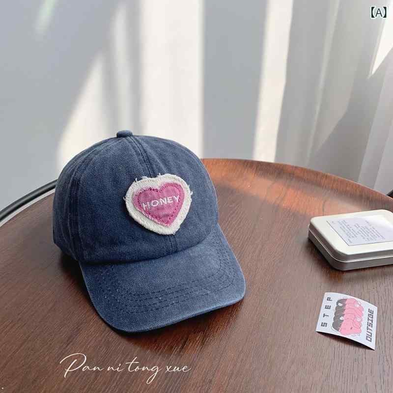 女の子 親子 野球キャップ かわいい ハート モチーフ 日よけ 帽子 綿 通気性 UVカット オールシーズン タイダイ加工 広いつば ネイビー ピンク 黒 ヴィンテージ風風 フレッシュ スタイル