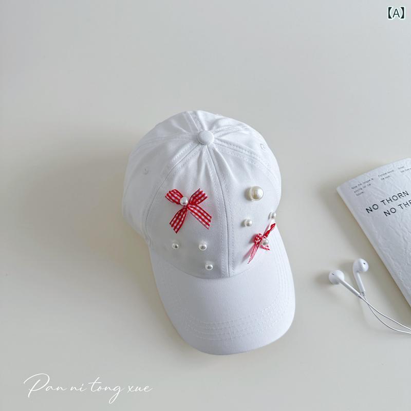 女の子 野球帽 かわいい 甘め パール 蝶結び つば広 日よけ キャップ 通気性 綿 UVカット オールシーズン 白 ピンク ミント