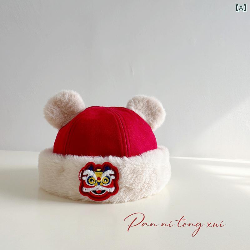 ベビー帽子 男の子 女の子 冬 保暖 防風 小熊柄 赤 かわいい 節日 新年 クリスマス 1歳記念 写真 ポリ..