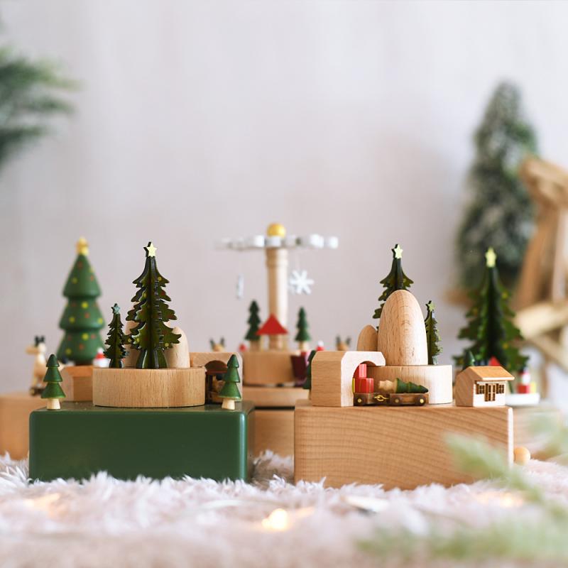 クリスマス ミュージックボックス 木製 置物 ギフト 冬 飾り アメリカンカントリー スタイル 緑 白 赤 ..