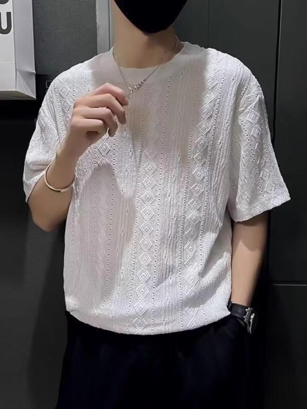 Tシャツ メンズ 夏 半袖 ルーズ クルーネック 韓国 ストライプ柄 提花 ポリエステル混紡 薄手 白 黒 防..