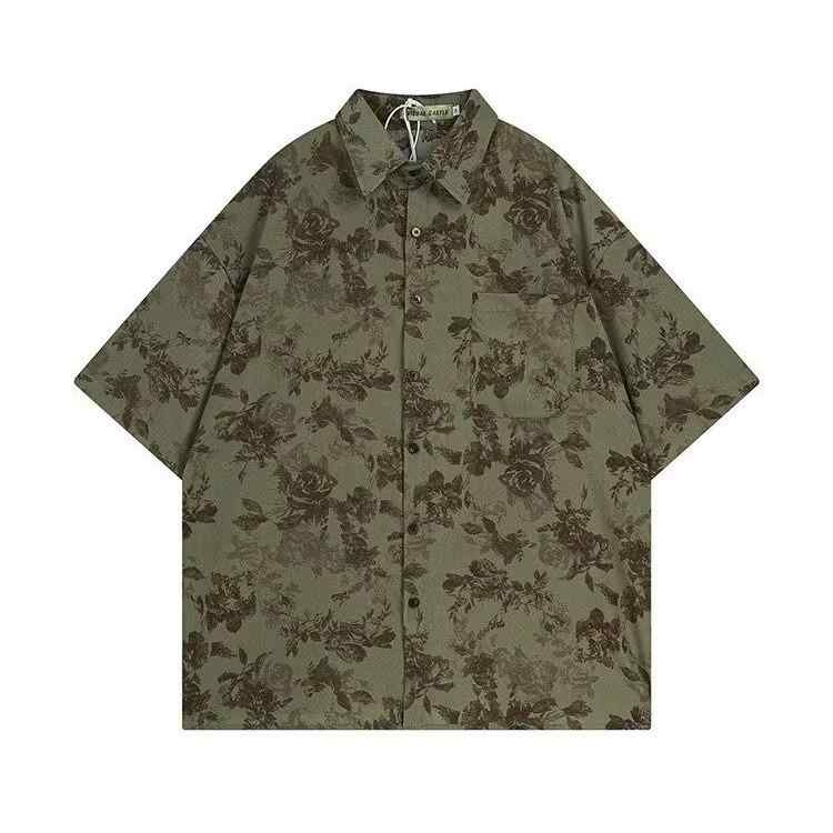 シャツ メンズ 港風 レトロ 小花柄 半袖 折り襟 ルーズフィット 緑 夏 カジュアル 普段使い ポリエステル 洗濯機可 耐摩耗 色落ちしにくい ビンテージ アメリカン スタイル 高級感(4)