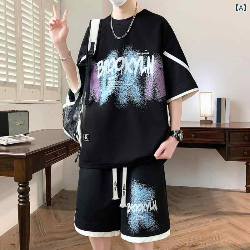メンズ 春夏 スポーツ セット 丸首 ゆったり 半袖 Tシャツ プリント ショートパンツ ブラック ホワイト..